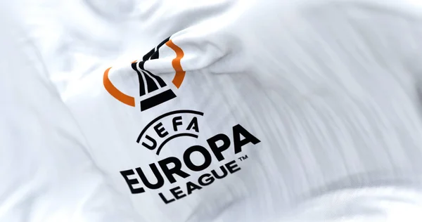 ブダペストHun 2022年7月 Uefaヨーロッパリーグの旗が風になびく詳細 エウロパ リーグ Europa League ヨーロッパのサッカークラブの大会 イラスト編集を担当 3Dイラスト — ストック写真