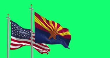 Arizona eyaleti bayrağı sallıyor ve Amerika Birleşik Devletleri bayrağı yeşil arka planda izole edilmiş. 3D canlandırma animasyonu. Yeşil ekran mat. Krom anahtar. Yavaş çekim döngüsü