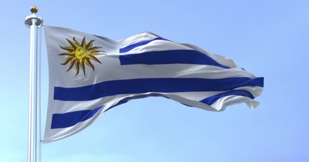 Flaga Urugwaju Trzepocze Wietrze Słoneczny Dzień Poziomych Pasków Biały Niebieski — Wideo stockowe