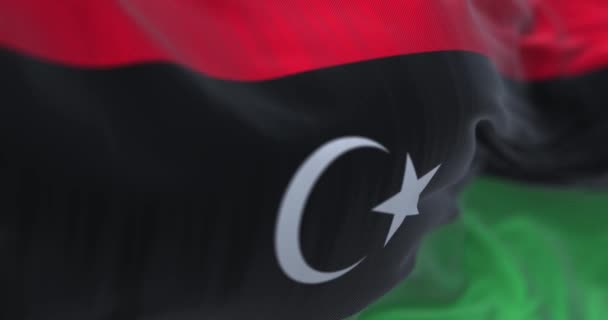 Развевается Национальный Флаг Ливии Три Горизонтальных Полосы Красный Черный Зеленый — стоковое видео