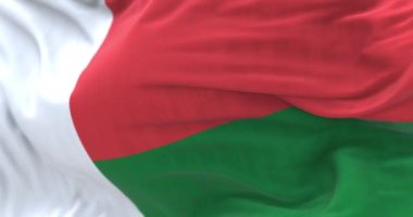 Madagaskar Ulusal Bayrağı dalgalanıyor. 3 eşit dikdörtgen, kırmızı, beyaz ve yeşil. Seçici odaklanma. 3D canlandırma canlandırması. Yavaş çekim döngüsü. Yakın plan.