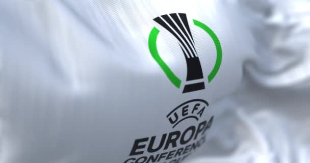 Прага Чехия Июль 2022 Крупный План Флага Лиги Европы Уефа — стоковое видео