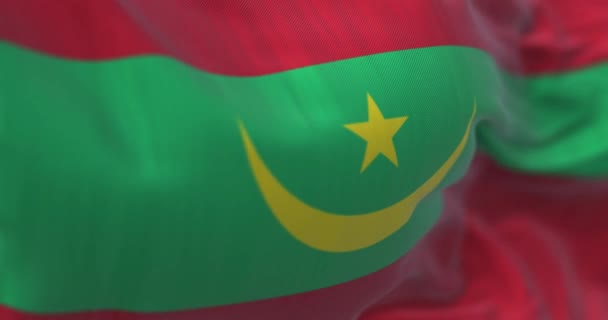 Detalj Mauretaniens Nationella Flagga Viftar Vinden Grön Med Gul Halvmåne — Stockvideo