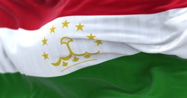 Detail of the Tajikistan national flag waving. Red-white-green stripes with a central crown and seven stars. Selective focus. 3d render animation. Slow motion loop. Close-up