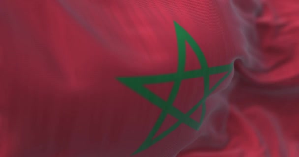Деталь Национального Флага Марокко Размахивающего Ветром Красный Флаг Зеленой Пентаграммой — стоковое видео