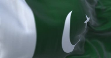 Pakistan ulusal bayrağının dalgalanmasının ayrıntıları. Beyaz bantlı yeşil, beyaz hilal ve beş köşeli yıldız odaklı. 3D canlandırma canlandırması. Yavaş çekim döngüsü. Yakın plan.