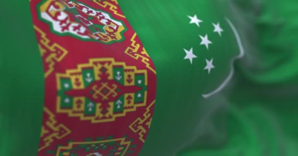 Detail Van Turkmenistan Nationale Vlag Wapperend Groen Veld Rode Verticale — Stockvideo