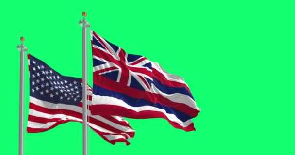 Hawaii Állam Zászlója Lobogott Usa Nemzeti Zászlajával Elszigetelve Zöld Háttérrel — Stock videók