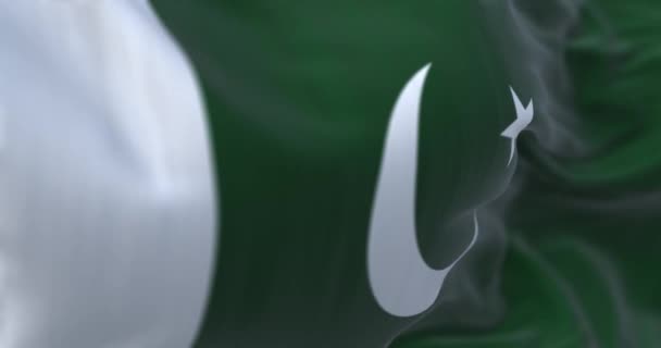 巴基斯坦国旗的细节挥动着 悬臂上有白色条纹 白色月牙和五角星 有选择的焦点 3D渲染动画 慢动作回圈四 后续行动 — 图库视频影像
