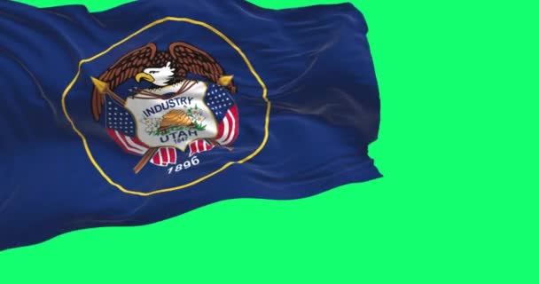 Flaga Stanu Utah Trzepocze Zielonym Tle Pieczęć Państwowa Otoczona Złotym — Wideo stockowe