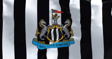 Newcastle, İngiltere, Ocak 2023: Newcastle United bayrağı dalgalanan kumaş arkaplan. 3D illüstrasyon canlandırıcı. Yakın plan. Desenli kumaş arkaplanı