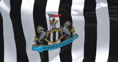 Newcastle, UK, Jan 2023: Fabric background with the Newcastle United flag waving. 3d render animation. Slow motion loop. Close-up. Textured fabric background