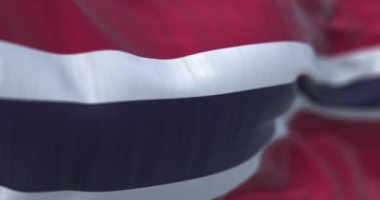 Tayland bayrağının dalgalanmasının ayrıntıları. Beş yatay çizgi, kırmızı-beyaz-mavi-beyaz-kırmızı. Seçici odaklanma. 3D canlandırma canlandırması. Yavaş çekim döngüsü. Yakın plan. Desenli kumaş arkaplanı
