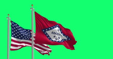 Arkansas state flag waving with the national flag of the US isolated on a green background. 3D render animation. Green screen matte. Alpha channel. Chroma key. Slow motion loop