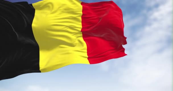 Государственный Флаг Бельгии Размахивает Ясный День Три Равные Вертикальные Полосы — стоковое видео