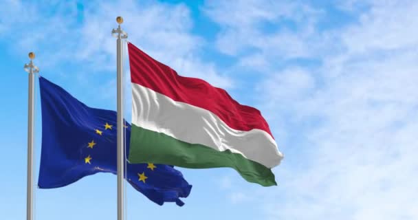 Flags Hungary European Union Fluttering Together Clear Day Hungary Became — Video