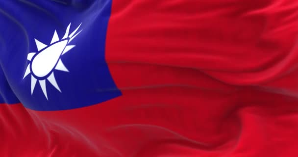 Szczegóły Tajwan Flaga Macha Czerwona Flaga Białym Słońcem Promieniami Niebieskim — Wideo stockowe