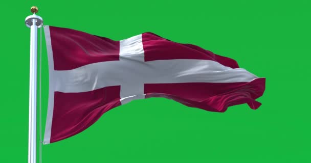 Dänemarks Nationalflagge Weht Vereinzelt Auf Grünem Hintergrund Das Königreich Dänemark — Stockvideo