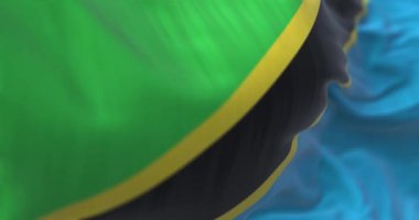 Tanzania national flag waving. Green and blue triangles with black diagonal stripe and yellow edges. 3d render animation. Selective focus. Slow motion loop. Close-up. Textured fabric background