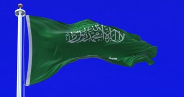 Suudi Arabistan bayrağı mavi arka planda izole bir şekilde dalgalanıyor. Shahada 'lı yeşil alan ve Thuluth senaryosunda kılıç. 3D canlandırma animasyonu. Yeşil ekran mat. Alfa kanalı. Krom anahtar. Yavaş çekim döngüsü