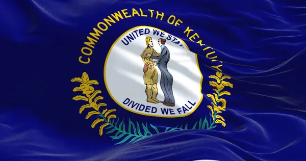 The US state flag of Kentucky waving. Kentucky flag features state seal: two men embracing, motto \