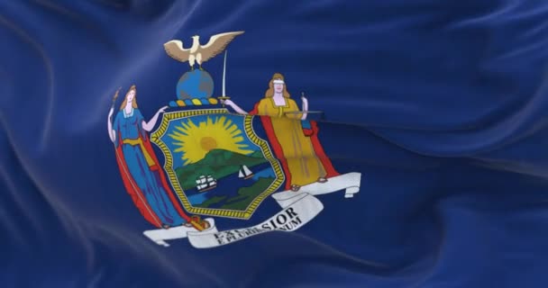 Деталь Размахивания Флагом Штата Нью Йорк Голубой Фон Государственным Гербом — стоковое видео