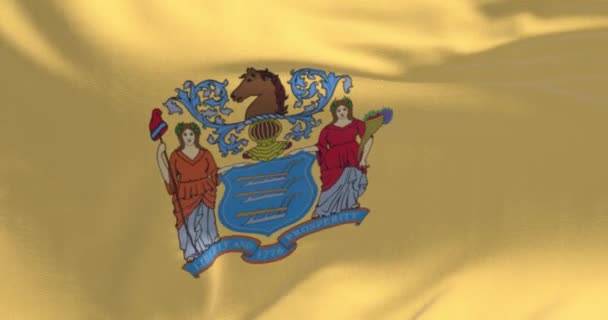 ニュージャージー州旗の閉鎖 バフの背景に腕のコート アメリカの州 3Dレンダリングアニメーション スローモーションループ 接近中だ 織物の背景 — ストック動画