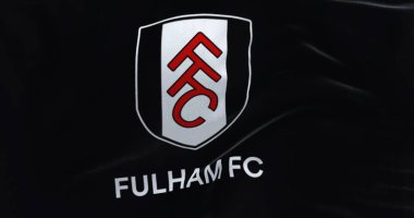 Londra, İngiltere, Ocak 2023: Fulham Futbol Kulübü bayrağı sallanıyor. Londra merkezli profesyonel futbol kulübü. İngiliz Premier Ligi. Kanat çırpan kumaş. Resimli 3d illüstrasyon oluşturucu