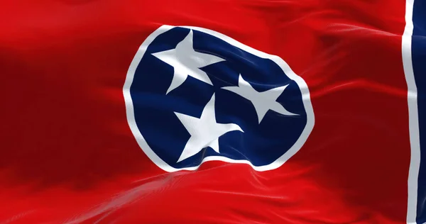 Close Tennessee State Flag Waving Red Field Blue Circle Holding — Stock Photo, Image