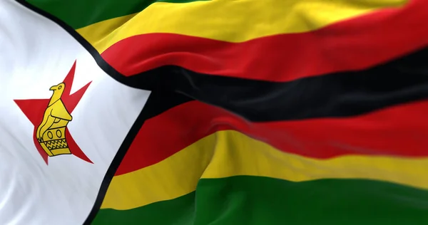 Bandeira Nacional Zimbábue Acenando Listras Horizontais Verde Amarelo Vermelho Preto — Fotografia de Stock