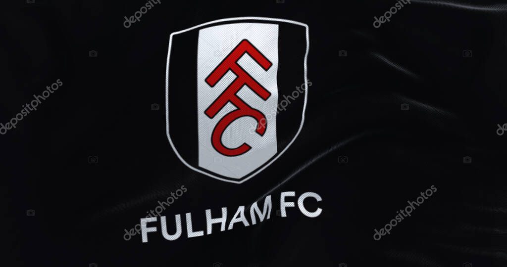 London, UK, jan 2023: flag of Fulham Football Club waving. Professional Football club based in London. English Premier League. Fluttering fabric. Illustrative editorial 3d illustration render