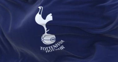 Londra, İngiltere, Şubat 2023: Tottenham Hotspur bayrağı dalgalanıyor. Futbolun üstünde duran beyaz horoz. Kusursuz 3 boyutlu animasyon. Seçici odaklanma. Yavaş çekim döngüsü. Yakın plan..
