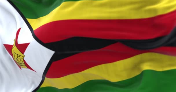 Zimbabwes Nationella Flagga Vinkar Horisontella Ränder Grönt Gult Rött Och — Stockvideo