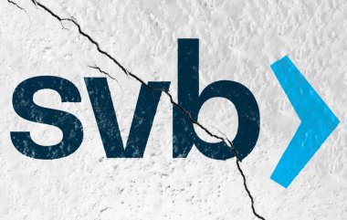Santa Clara, USA, March 2023: The Silicon Valley Bank logo broken by a crack. In 2023, SVB suffered the second largest bank failure in American financial history. Illustrative editorial. Banking and financial concept clipart