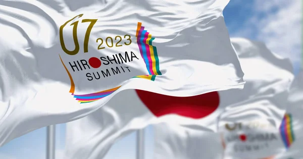 Hiroshima Martie 2023 Steagurile Hiroshima 2023 Drapelul Național Japoniei Fluturând — Fotografie, imagine de stoc