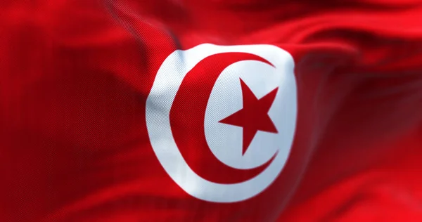 Detalle Bandera Nacional Túnez Ondeando Rojo Con Círculo Blanco Centro — Foto de Stock