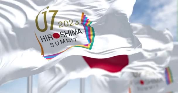 Hiroszima Marzec 2023 Flaga Hiroszima 2023 Flaga Japonii Machająca Szczyt — Wideo stockowe