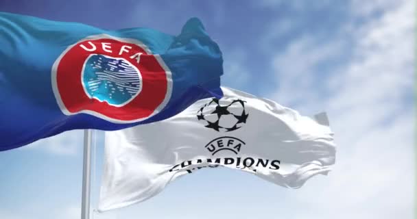 Стамбул Январь 2023 Флаг Лиги Чемпионов Уефа Уефа Размахивающий Вместе — стоковое видео
