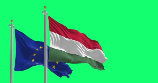 Ungaria Uniunea Europeană Flutură Steaguri Izolate Fundal Verde Fără Sudură — Videoclip de stoc