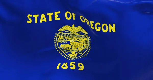 Close-up of the Oregon state flag waving. The Oregon flag is two-sided with navy blue and gold colors. Rippled fabric. Textured background. Selective focus. 3d illustration render