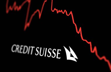 New York, US, March 2023: White Credit Suisse logo on a stock market performance chart trends. In March 2023, Credit Suisse experienced a sharp drop in its stock price. Illustrative editorial clipart