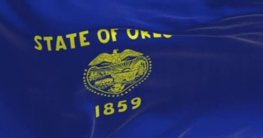 Oregon eyaletinin bayrağının dalgalandığı yakın çekim. Oregon bayrağı lacivert ve altın rengi ile çift taraflı. Kusursuz 3 boyutlu animasyon. Seçici odaklanma. Yavaş çekim döngüsü. Yakın plan..