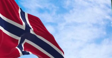 Norveç ulusal bayrağı açık bir günde rüzgarda dalgalanıyor. Beyaz çizgili mavi haçlı kırmızı alan. Kusursuz 3 boyutlu animasyon. Seçici odaklanma. Yavaş çekim döngüsü. Yakın plan..