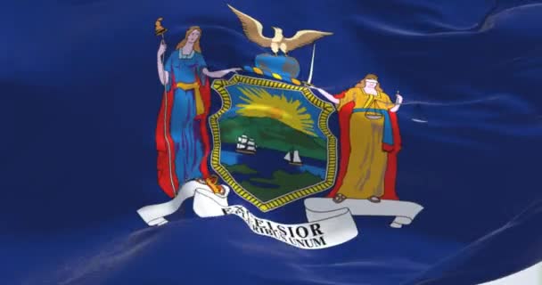 Detalle Bandera Del Estado Nueva York Ondeando Fondo Azul Con — Vídeo de stock