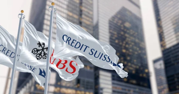 Цюрих Чехия Март 2023 Года Флаги Credit Suisse Ubs Развеваются — стоковое фото