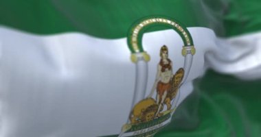 Endülüs bayrağı dalgalanıyor. Üç yatay çizgi: yeşil, beyaz ve yeşil. Kollar merkezi şeride yerleştirilmiş durumda. 3D canlandırma canlandırması. Ağır çekim. Kusursuz döngü. Seçici odak