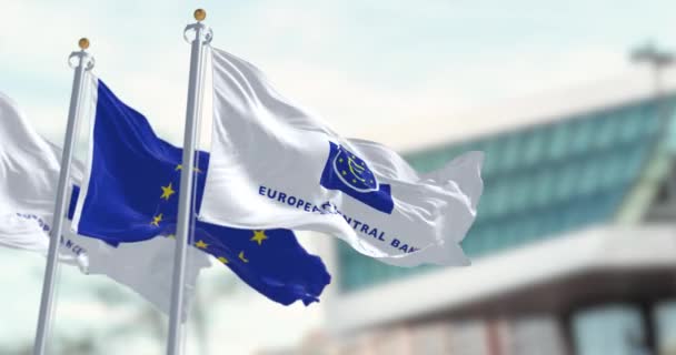 フランクフルト 2023年3月 欧州中央銀行と欧州連合の3つの旗が背景にEcb席と手を振っ 3Dレンダリングアニメーション スローモーション シームレスなループだ 選択的焦点 — ストック動画