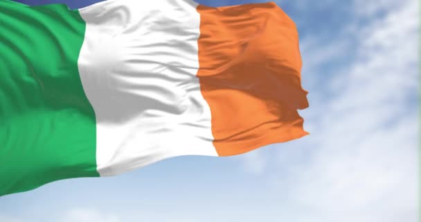 爱尔兰国旗在风中飘扬 三个绿色 白色和橙色的垂直带 3D渲染动画 慢动作无缝圈 裂开的纺织品 — 图库视频影像