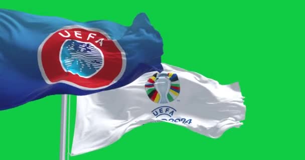 Berlin Feb 2023 Euro 2024 Och Uefa Flaggor Viftar Isolerat — Stockvideo