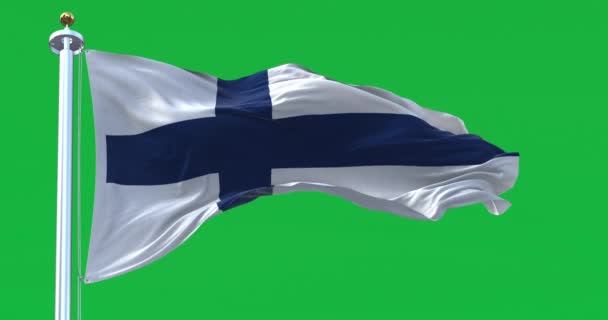 Bandera Finlandia Ondeando Aislada Sobre Fondo Verde Cruz Azul Nórdica — Vídeo de stock